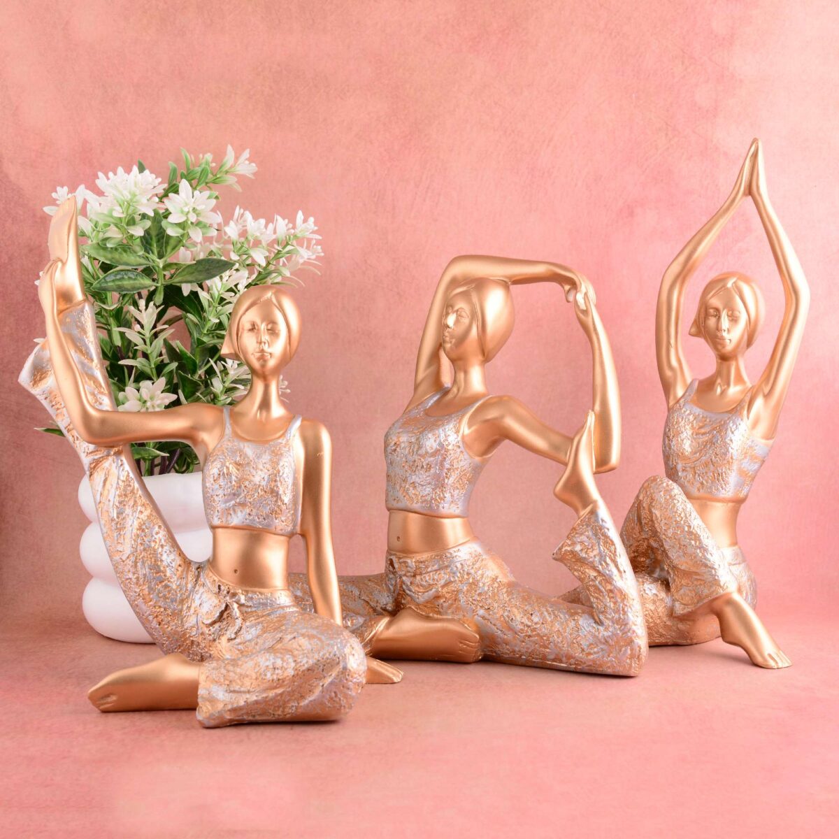 Suitable for home decor Yoga Posture Lady Statue Idol for Home Yoga Statue three pair admirable piece of gift (golden)