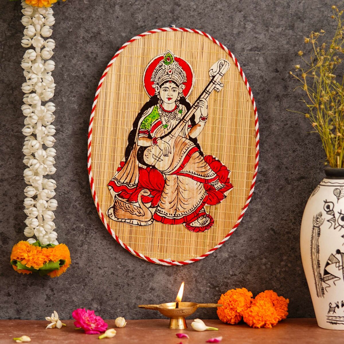 Oval Shaped Design Bamboo Hand Crafted Wall Hangings Of Godess Sarwasti Ji For Home Decor