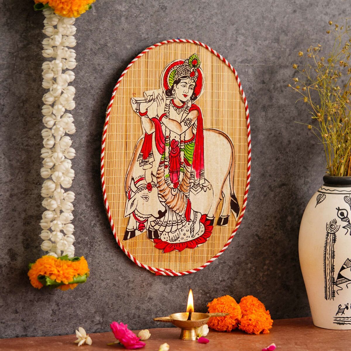 Oval Shaped Design Bamboo Hand Crafted Wall Hangings Of Krishna Ji With Holy Cow For Home Decor | Bamboo Art For Wall Decor